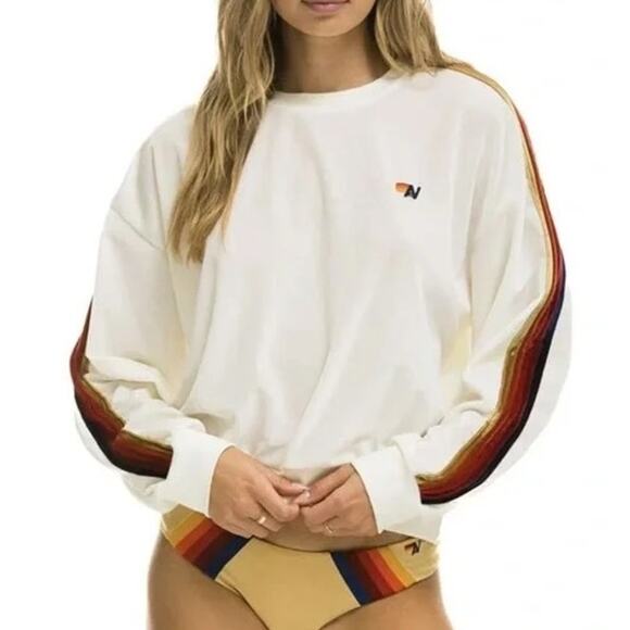Aviator Nation Crewneck Stripe Velvet Velour Pullover Sweatshirt White Large - Picture 1 of 8